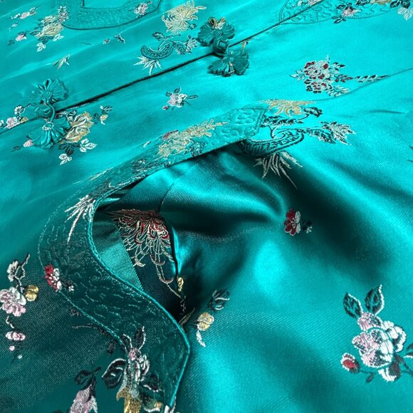 Vintage Chinese Silk Robe Teal Floral Embroidered Mandarin Collar Frog Button 38 - Picture 4 of 10